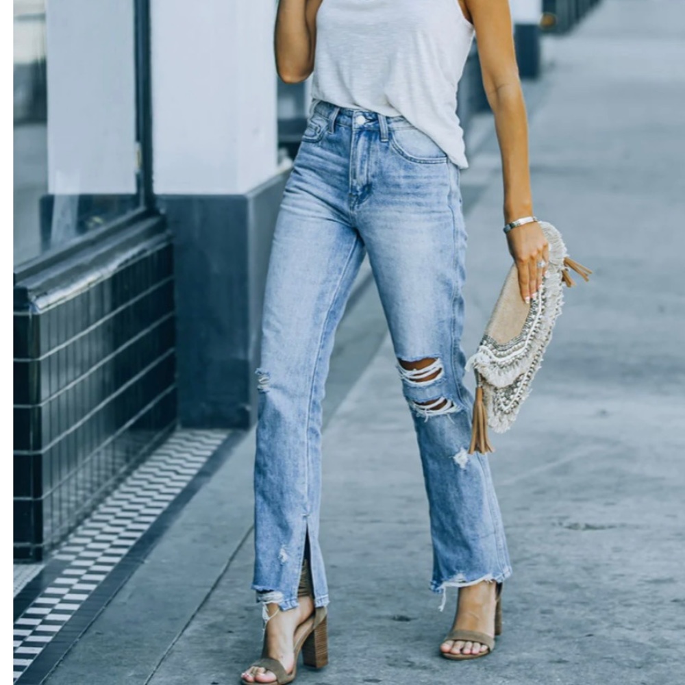 SHEA HIGH RISE DISTRESSED SPLIT ANKLE DENIM - LIGHT WASH